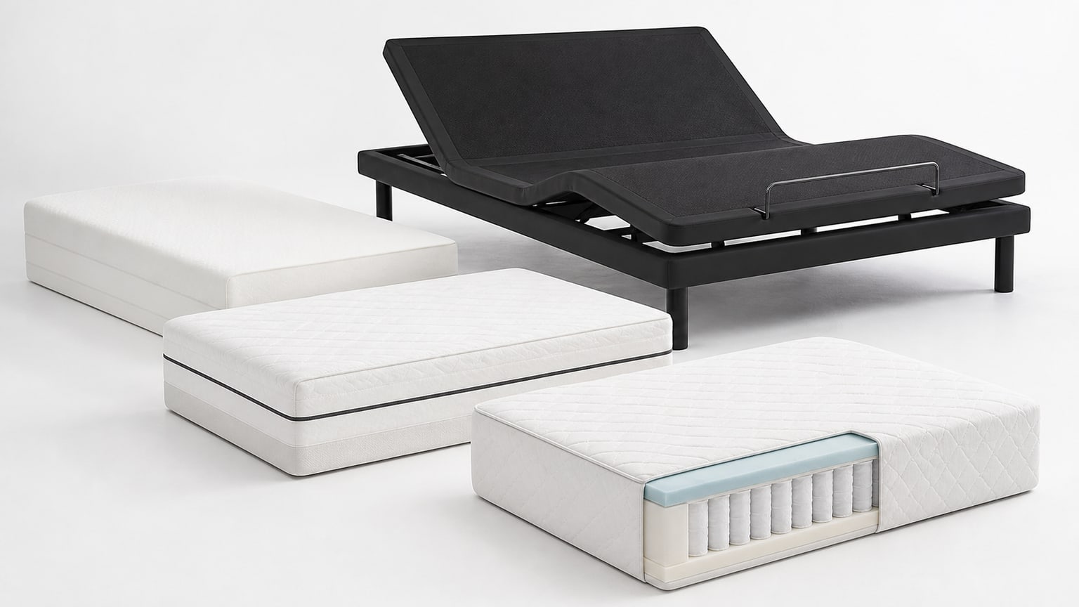 Adjustable bed base with memory foam mattress on white background