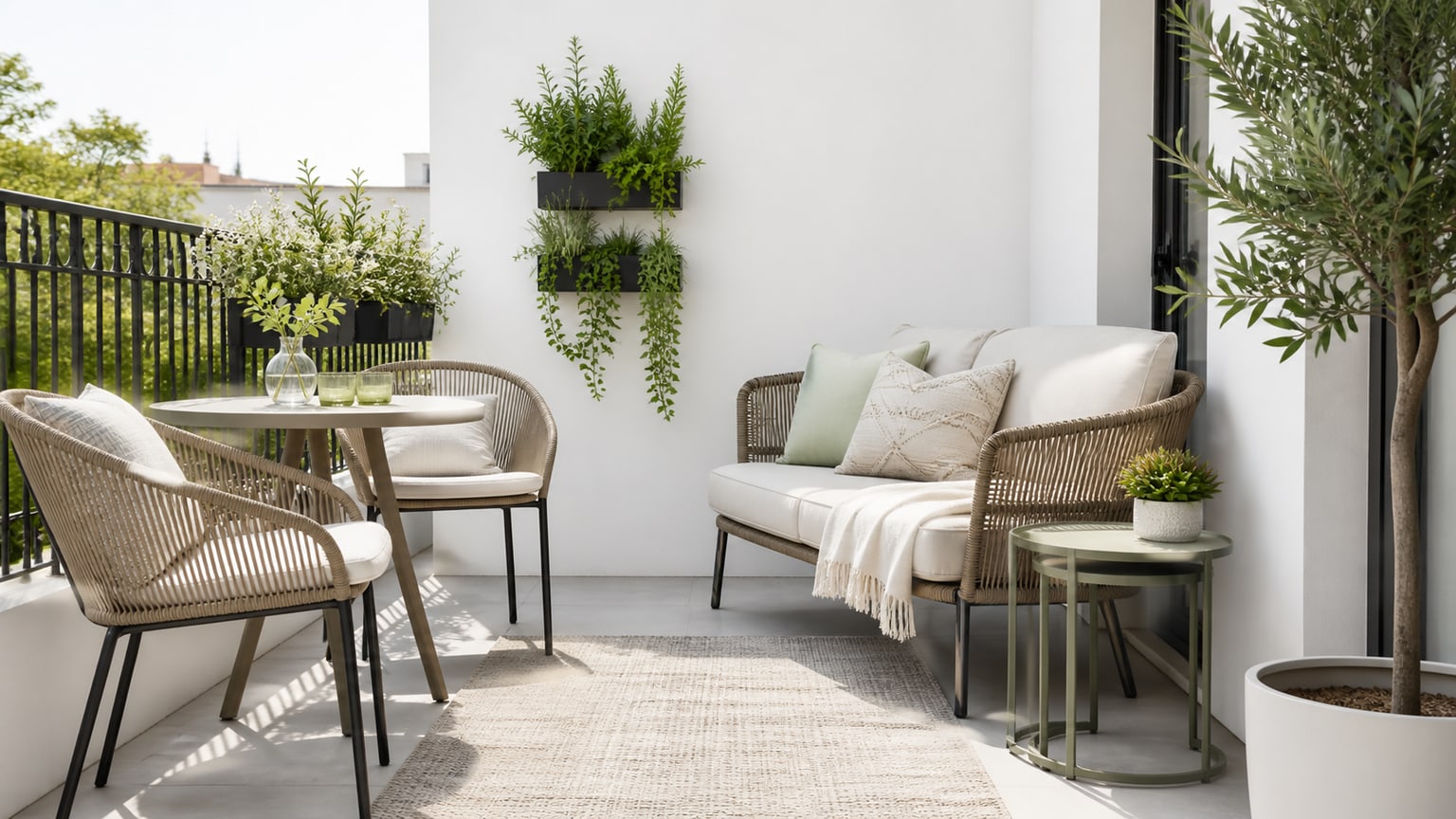 Compact outdoor furniture set including bistro table, folding chairs, and loveseat on white patio