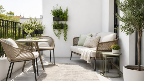 Compact outdoor furniture set including bistro table, folding chairs, and loveseat on white patio