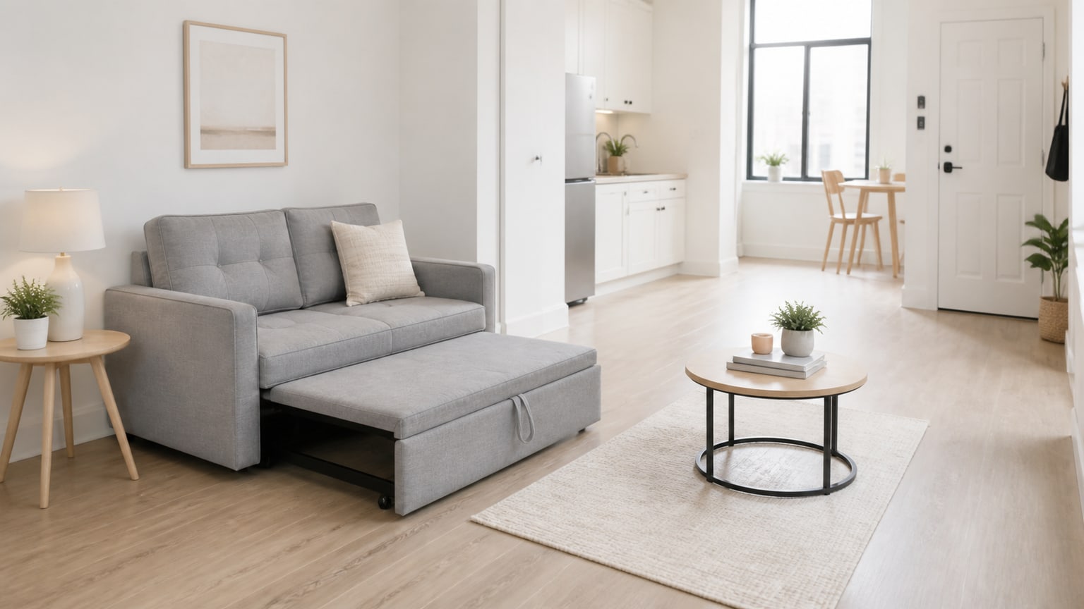 Compact modern sleeper sofa with pull-out mattress partially open on white background