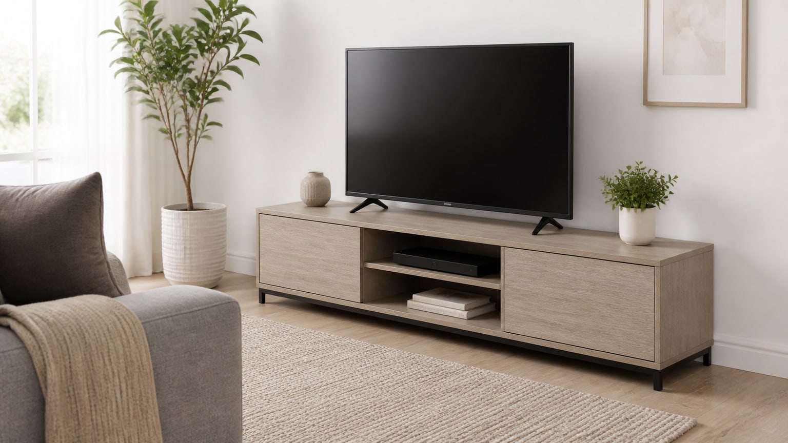 Compact wood TV stand with closed storage and flat-screen TV in a small living room corner on white background