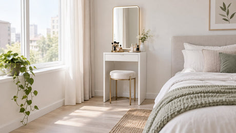 Compact modern bedroom vanity with integrated mirror and upholstered stool on white background