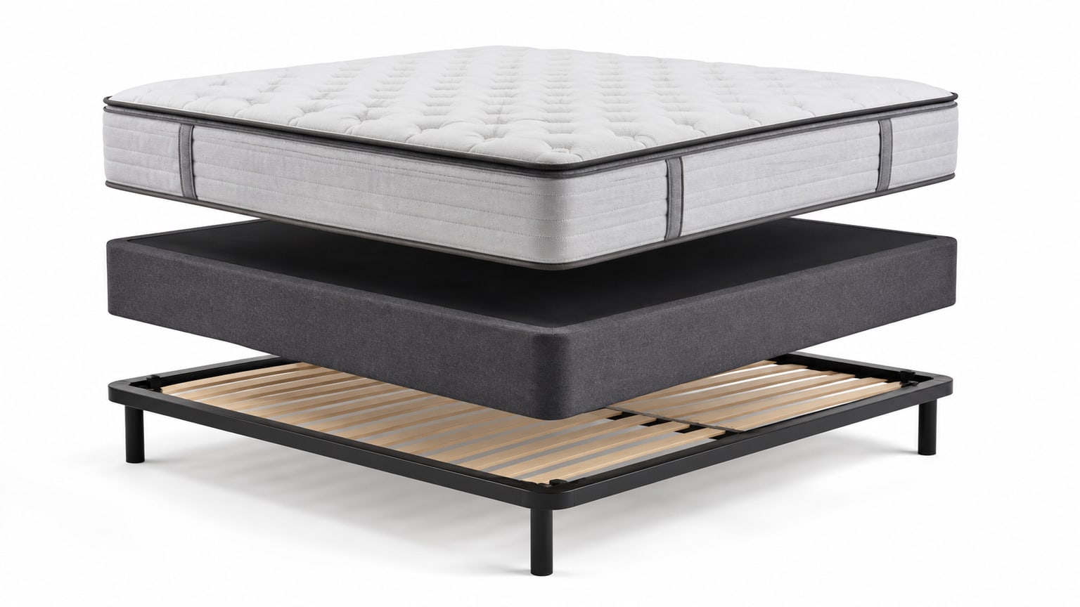 Modern box spring and mattress foundation displayed on white background with studio lighting
