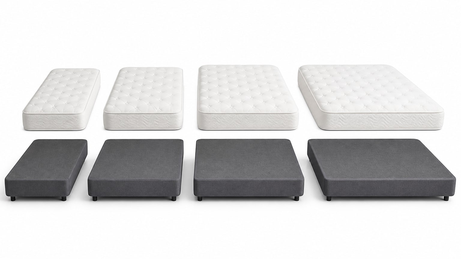 Modern box spring and mattress foundation set on white background, studio lighting
