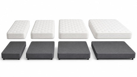 Modern box spring and mattress foundation set on white background, studio lighting