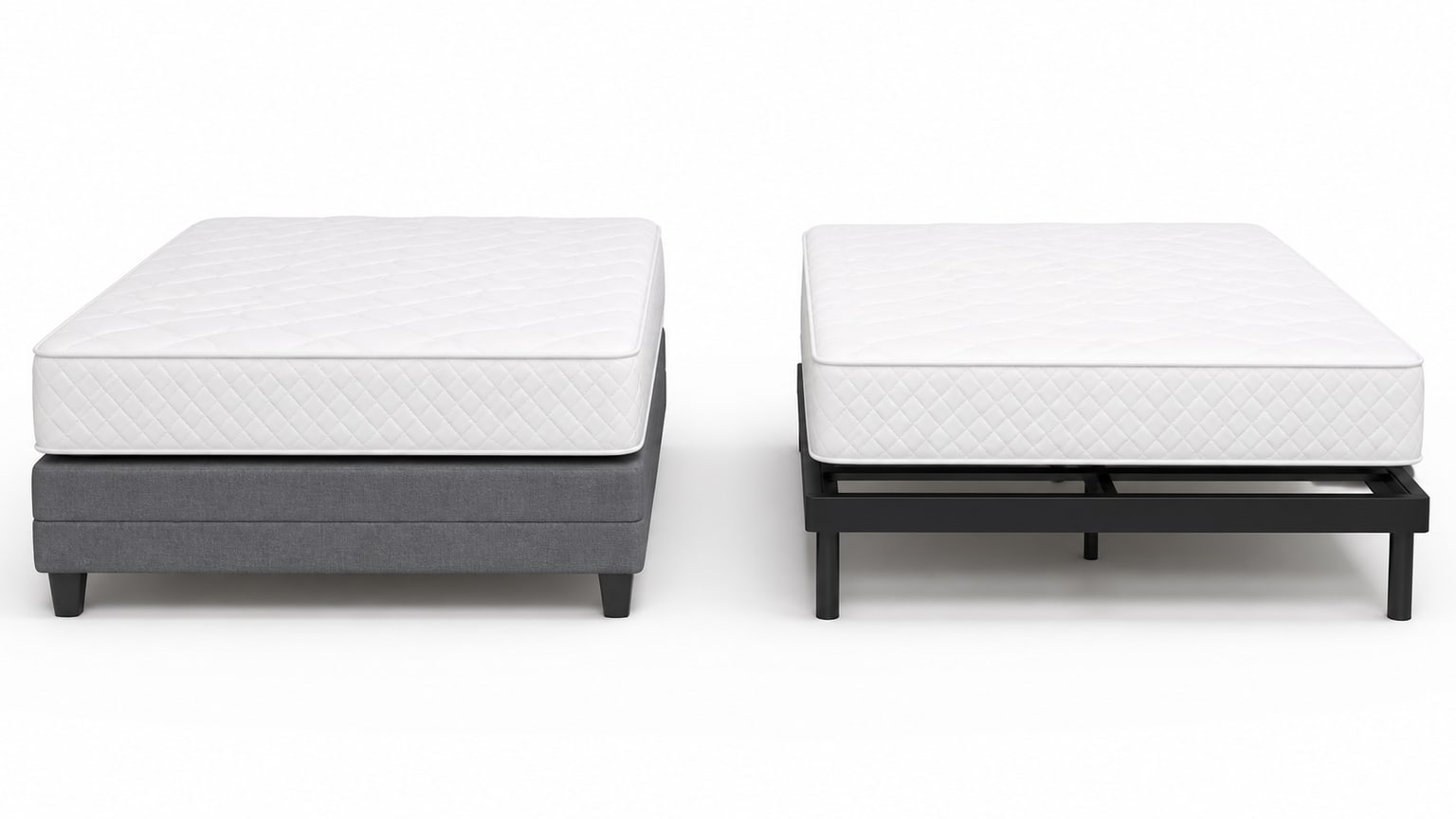 Side-by-side comparison of a traditional box spring and a mattress foundation on a white background