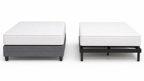 Side-by-side comparison of a traditional box spring and a mattress foundation on a white background