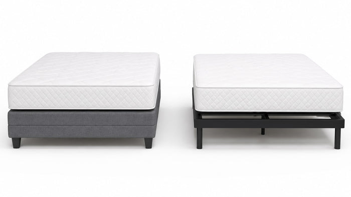 Side-by-side comparison of a traditional box spring and a mattress foundation on a white background