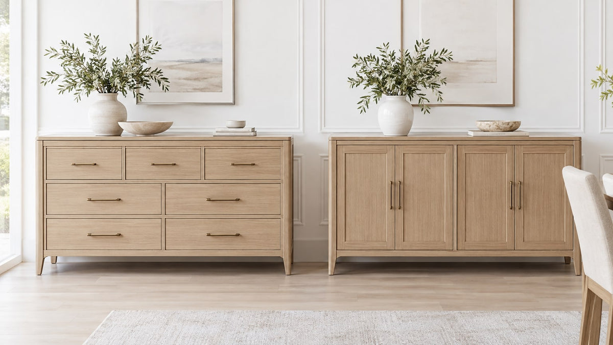 Contemporary dining room buffet with drawers and cabinets on a light background, styled elegantly