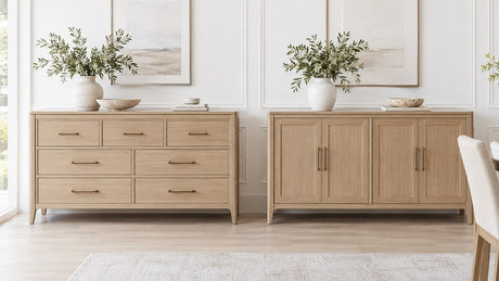 Contemporary dining room buffet with drawers and cabinets on a light background, styled elegantly