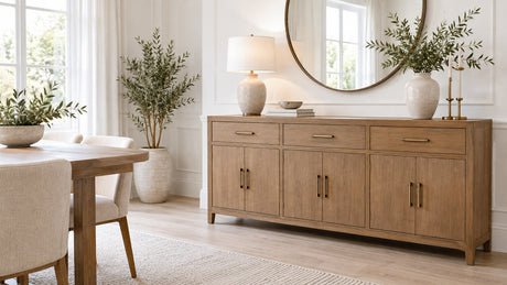 Modern wooden buffet with drawers and cabinets in a bright dining room with lamp, vase and mirror on light background