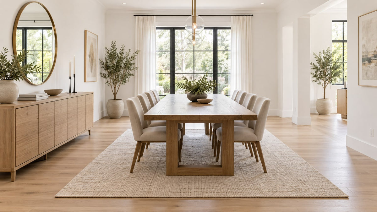 Elegant dining room featuring a wooden buffet positioned against a white wall with mirror and decorative accessories, near a dining table and chairs