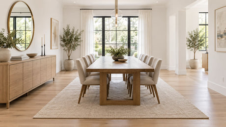 Elegant dining room featuring a wooden buffet positioned against a white wall with mirror and decorative accessories, near a dining table and chairs