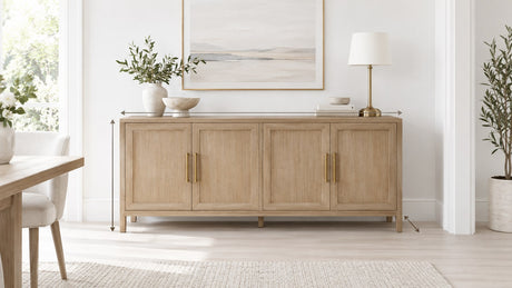 Brown wooden buffet in a modern dining room with decor accents on light background