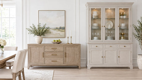Modern dining room with a low wooden buffet on a light background.