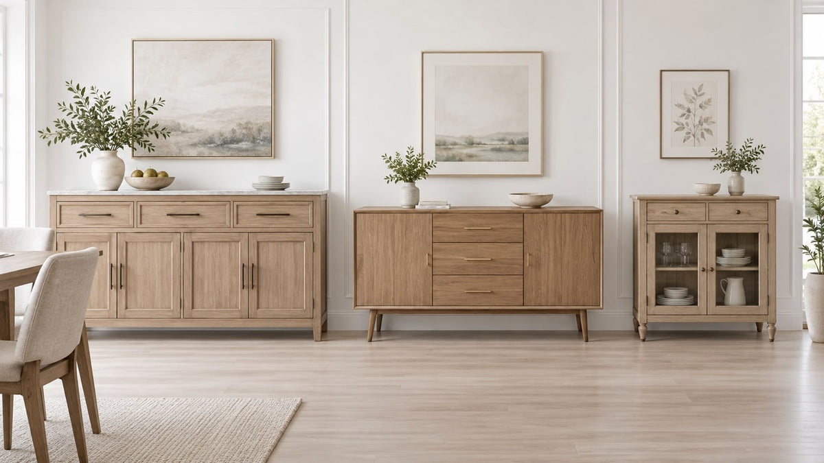 Modern wood buffet and server dining room furniture on white background