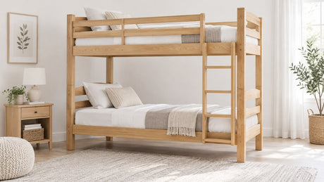 Twin-over-twin wooden bunk bed with stairs and storage in bright neutral bedroom