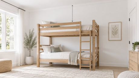 Modern twin-over-twin wooden bunk bed in a bright neutral bedroom with ladder and guardrails