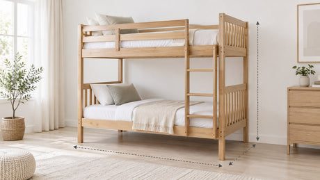 Light wood twin-over-full bunk bed with stairs and storage drawers in a bright neutral bedroom
