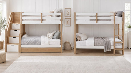 Modern twin-over-twin wooden bunk bed with built-in stairs in a bright neutral bedroom