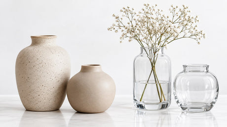 Ceramic and glass vases displayed alongside decorative accessories on a bright neutral interior surface