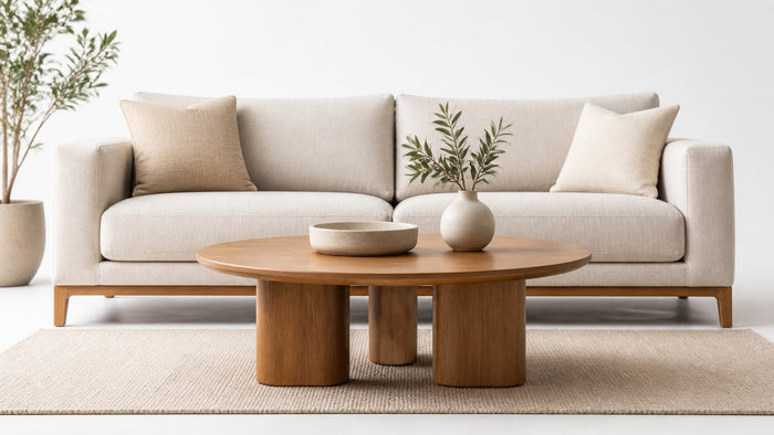 Modern coffee table, end tables, and side tables furniture set on white studio background