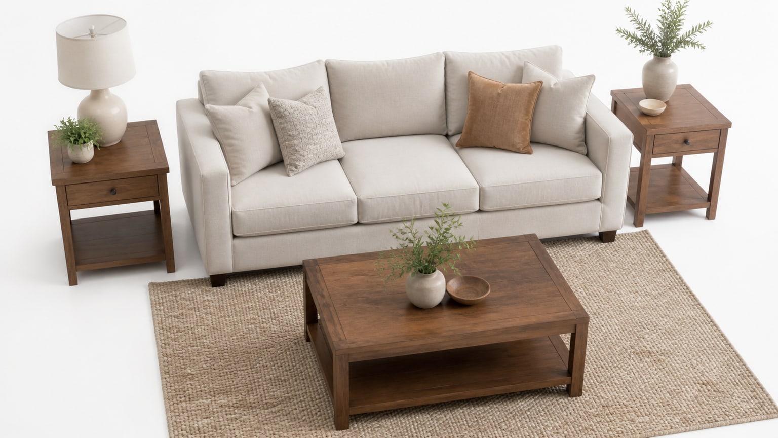 Assorted coffee tables and end tables displayed in a clean white studio setup for furniture ecommerce