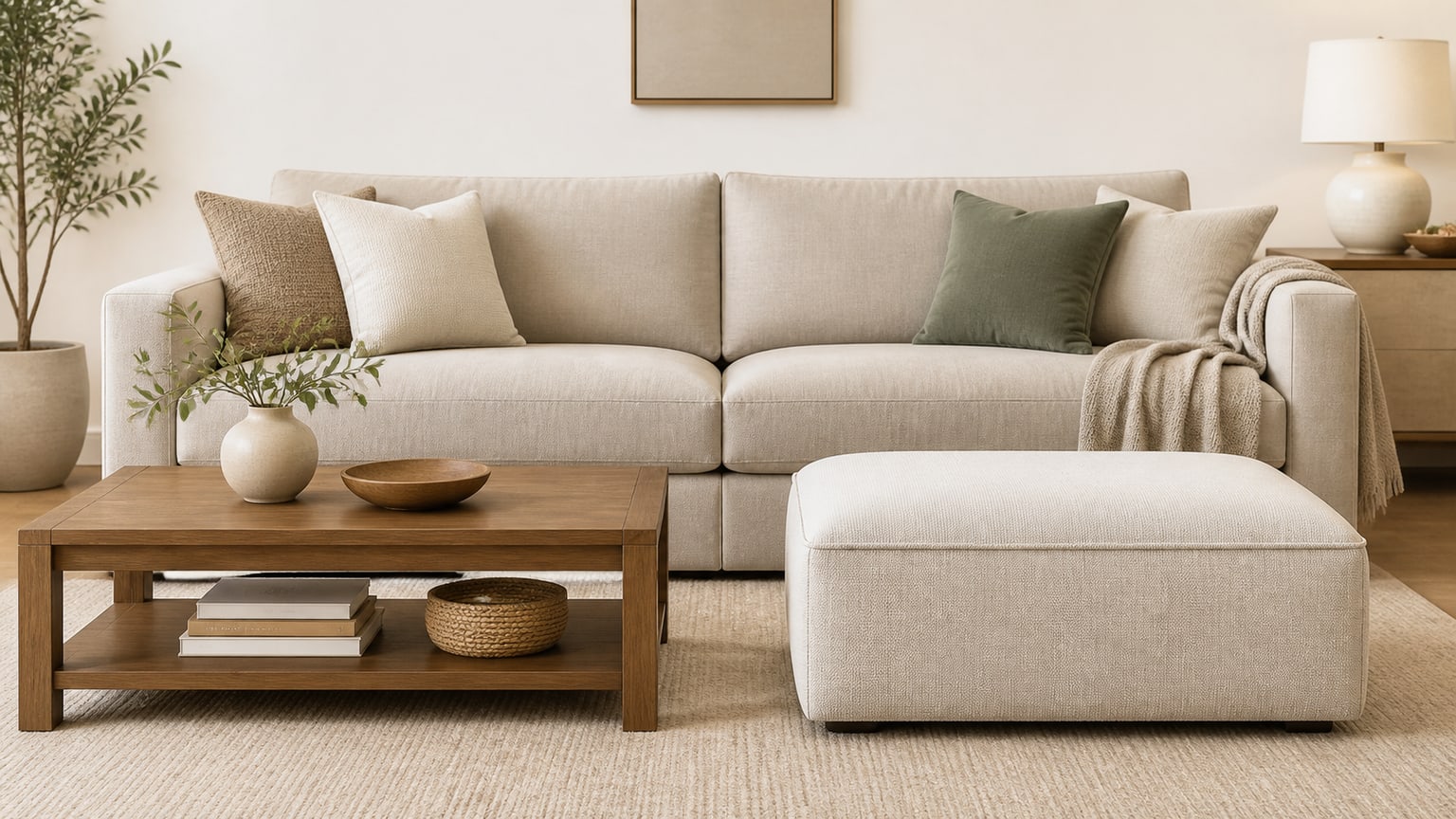 Wood coffee table and fabric ottoman displayed side by side on white background