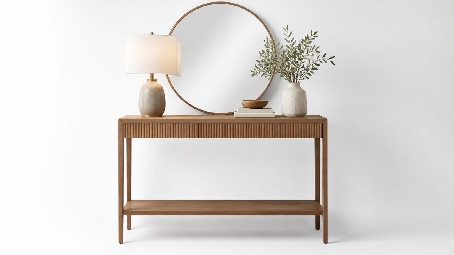 Modern wooden console table with open legs on white background under studio lighting