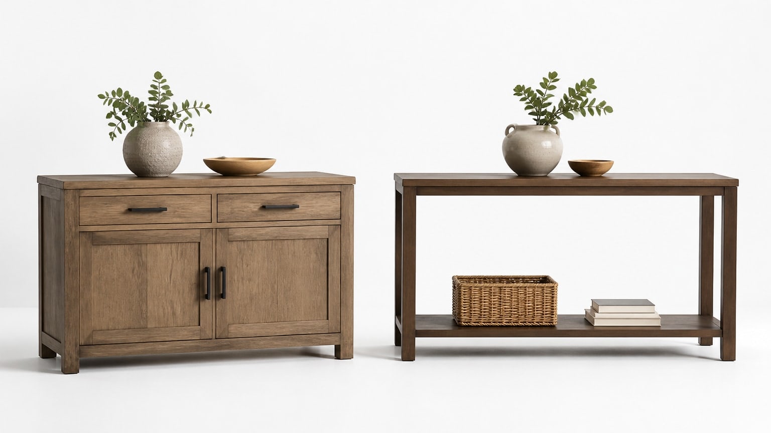 Modern console table with storage drawers next to an open-leg console table on white background