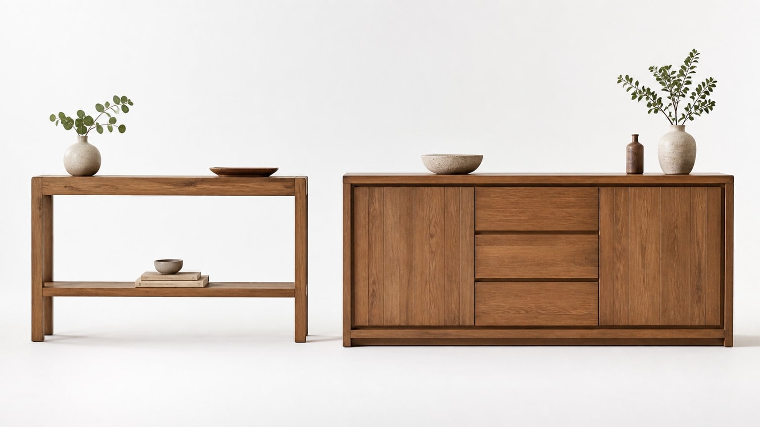 Modern console table and sideboard furniture set on white background