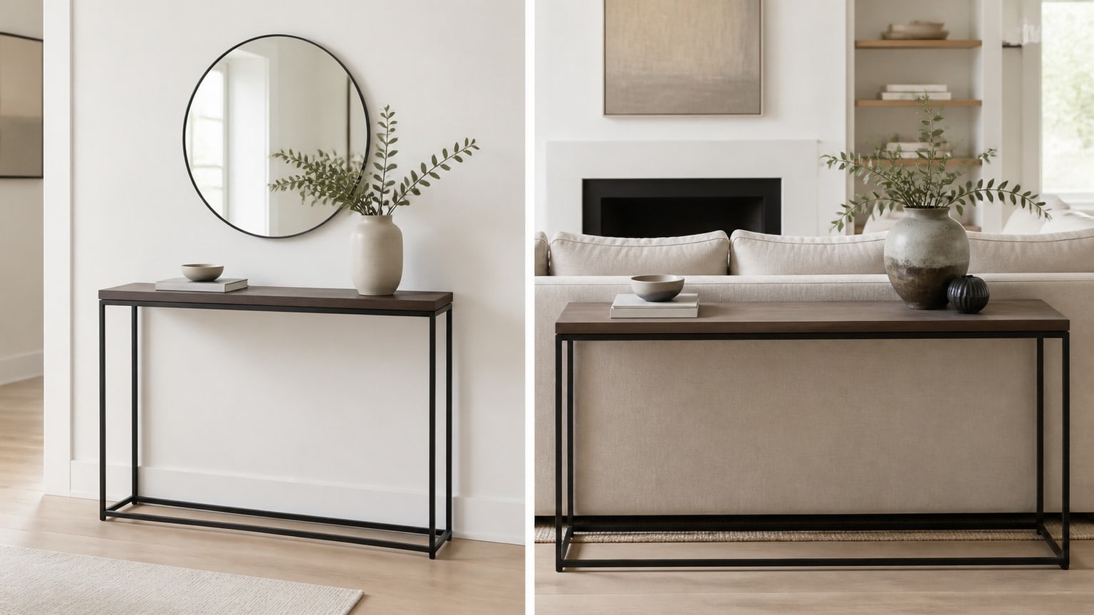 Modern console table with decorative accessories on a clean white background