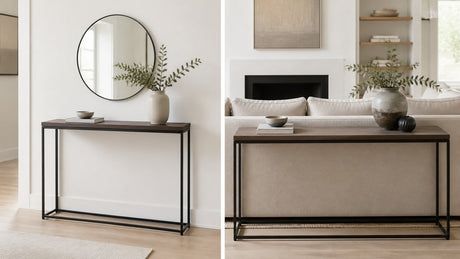 Modern console table with decorative accessories on a clean white background