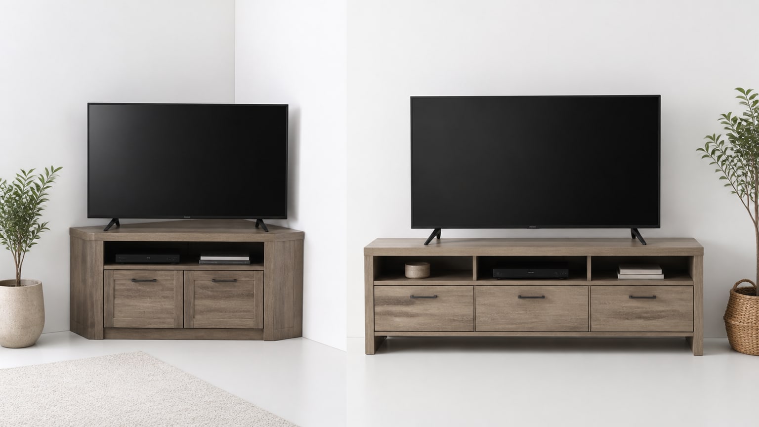Modern corner TV stand and standard TV stand displayed side by side on white background