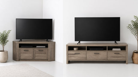 Modern corner TV stand and standard TV stand displayed side by side on white background