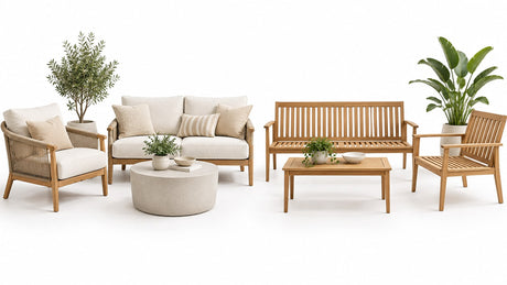 Modern outdoor patio seating collection including cushioned and non-cushioned chairs and sofas on a bright white patio background.