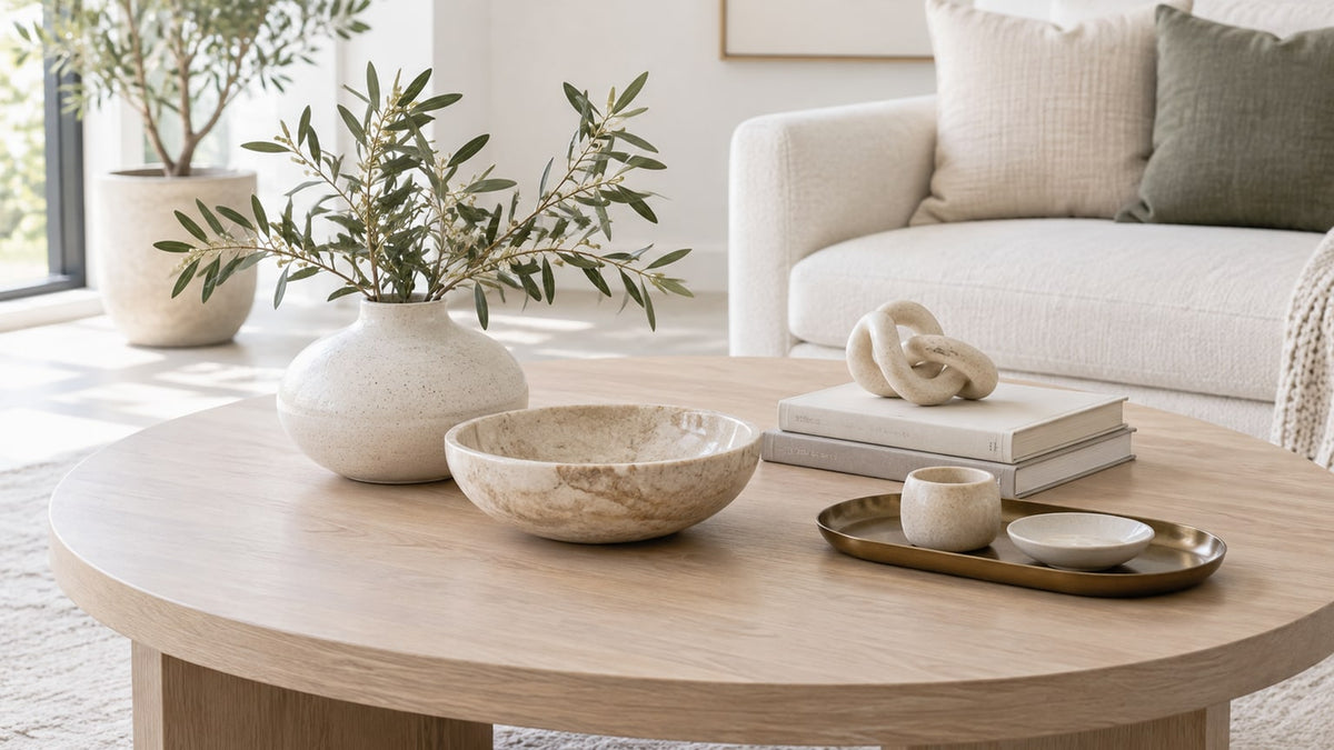 Styled coffee table with vases, bowls, trays, books, and decorative accessories in a bright neutral setting