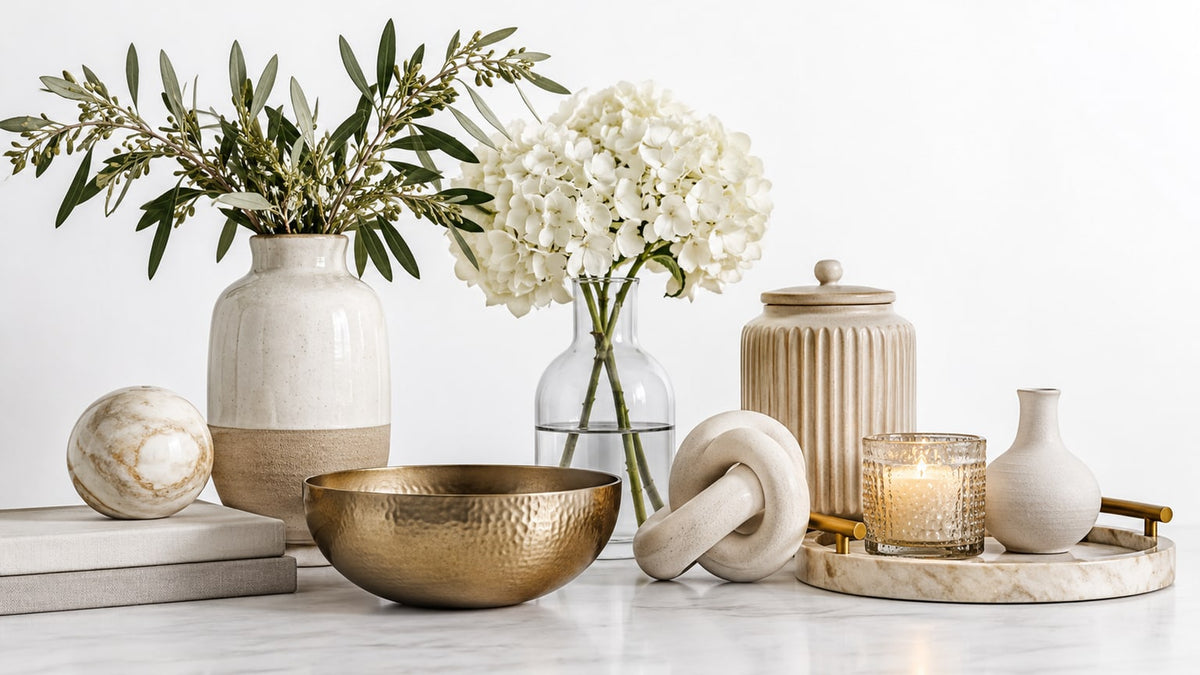 Collection of vases, bowls, trays, sculptures, and candle holders styled on tabletop against a bright neutral background