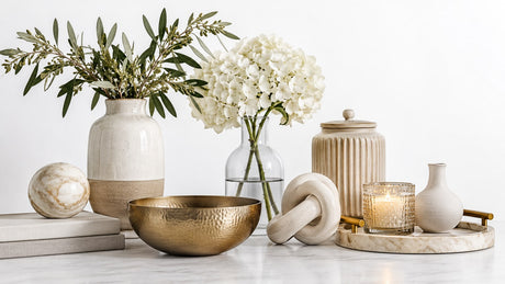 Collection of vases, bowls, trays, sculptures, and candle holders styled on tabletop against a bright neutral background