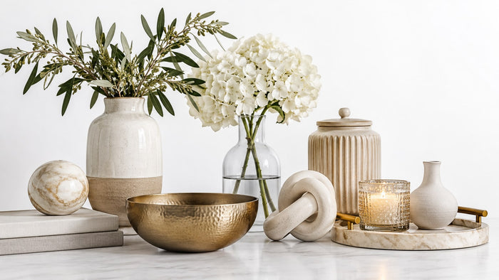 Collection of vases, bowls, trays, sculptures, and candle holders styled on tabletop against a bright neutral background