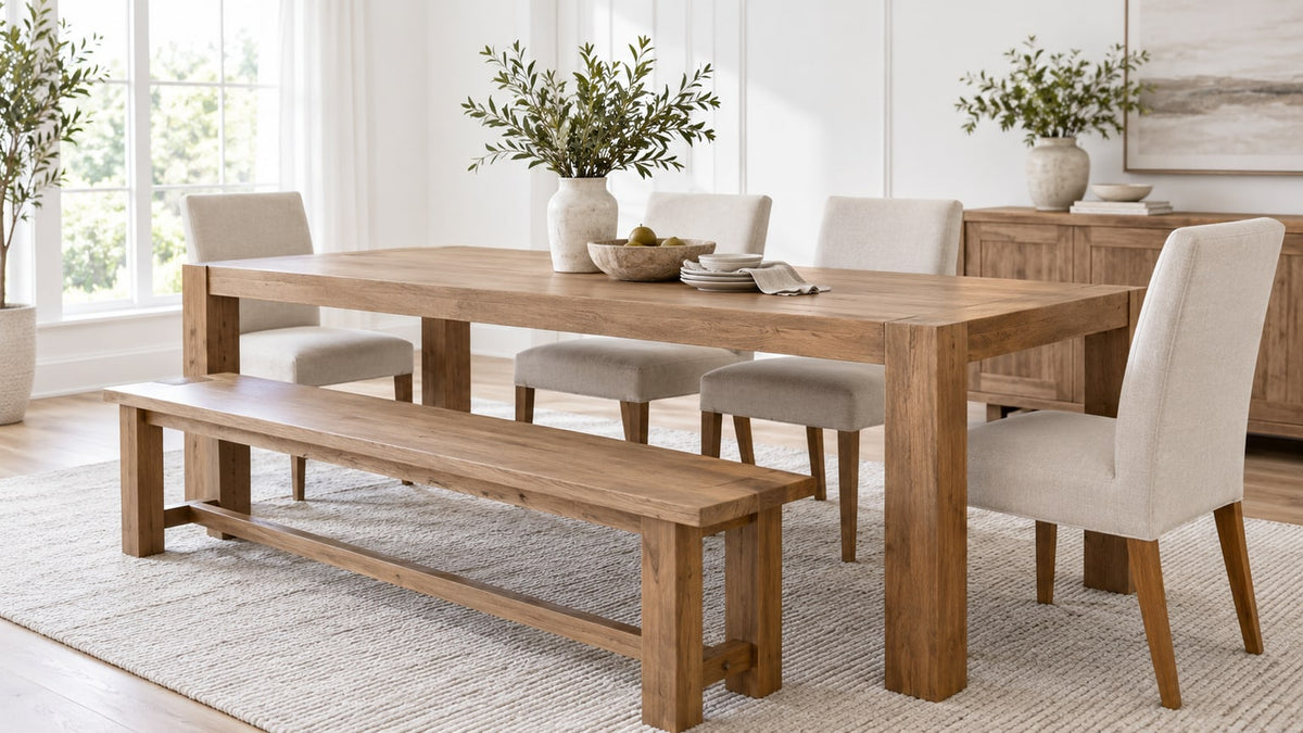 Contemporary dining room with a wood dining table, a wood dining bench on one side, and upholstered chairs on the other, in a bright neutral studio setting