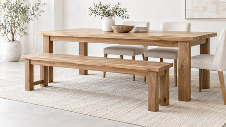 Modern wooden dining benches paired with a wooden dining table in a bright neutral dining room