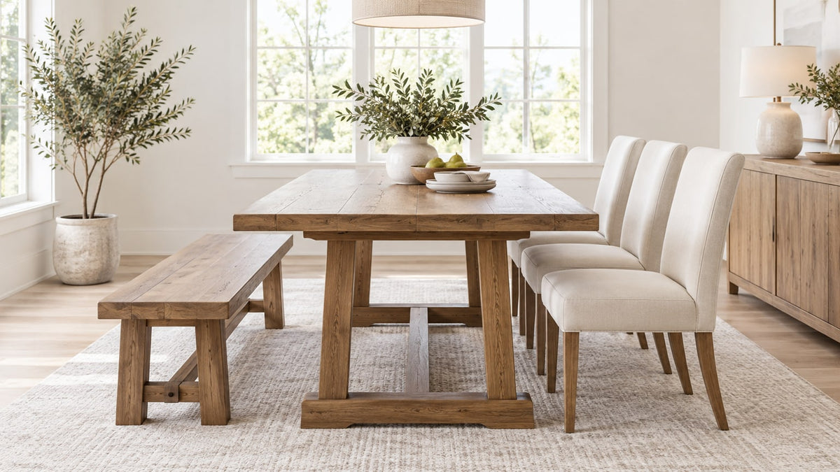 Dining room featuring a wooden dining bench alongside dining chairs at a contemporary dining table on a neutral background