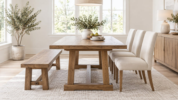 Dining room featuring a wooden dining bench alongside dining chairs at a contemporary dining table on a neutral background