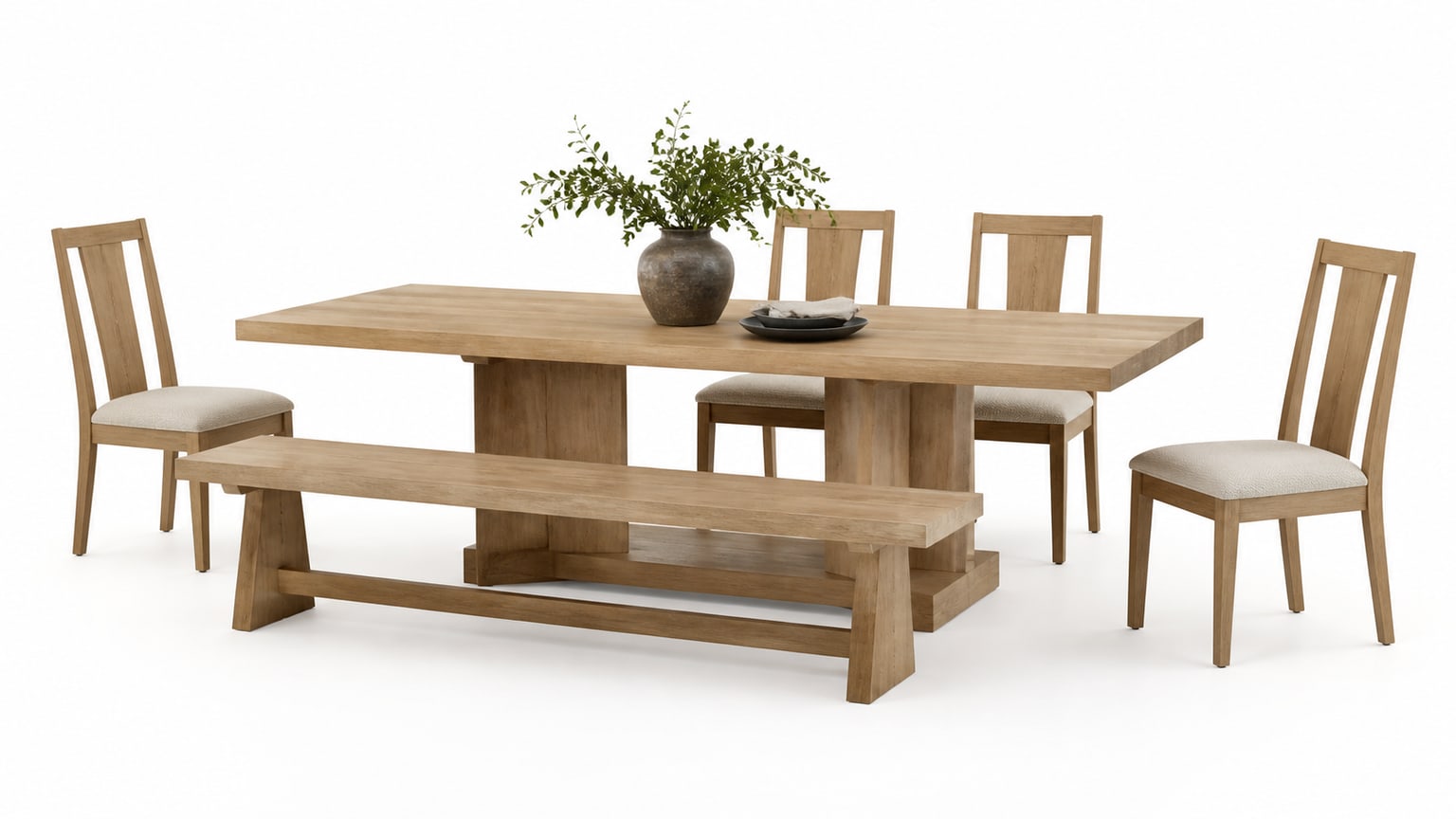 Rectangular natural wood dining table with pedestal base, matching wood chairs and bench on white studio background