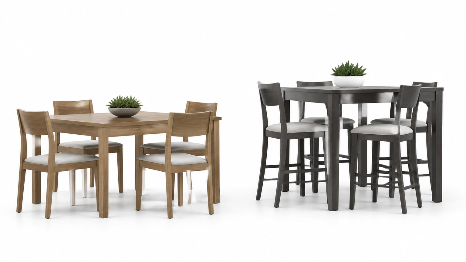 Counter-height dining table with pedestal base and matching chairs on white background