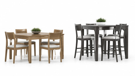 Counter-height dining table with pedestal base and matching chairs on white background
