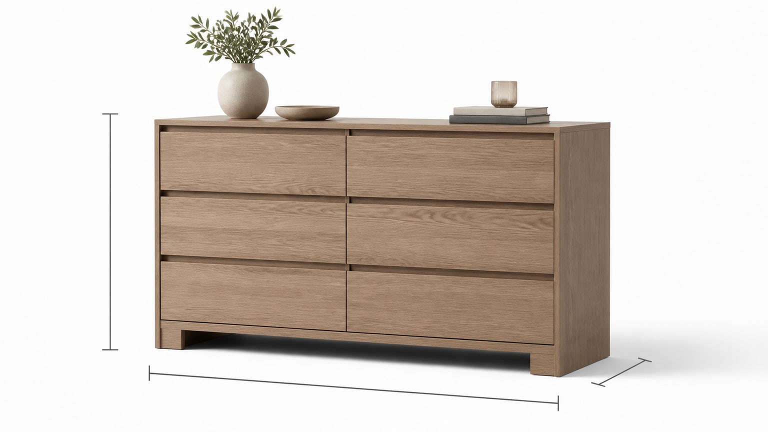 Modern wooden dresser with multiple drawers and matching mirror on white background