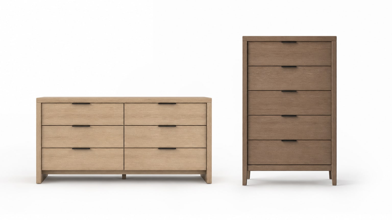 Comparison of a wide modern dresser and a tall chest of drawers on white studio background