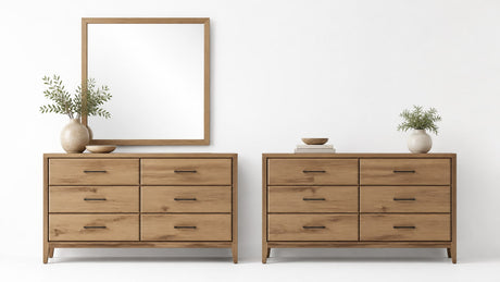 Side-by-side comparison of two dressers: one with a mirror and one without, displayed on a clean white background.
